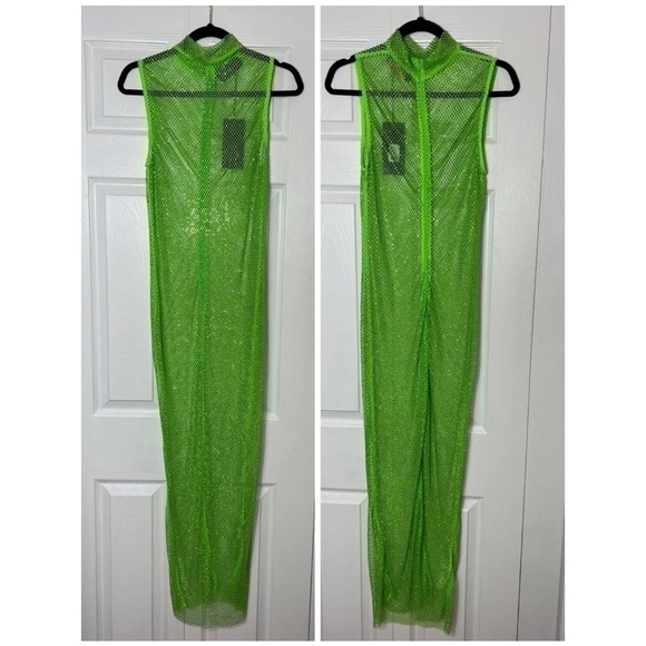 Fashion Nova Luxe Neon Green Lime Nadiya Embellished Fishnet Midi Dress Size XL - Picture 5 of 8